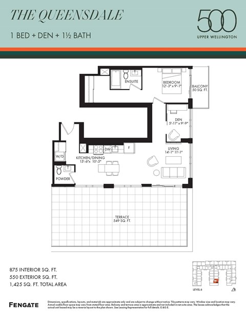 Floor plan for 1 bed, 2 baths, 875 sqft